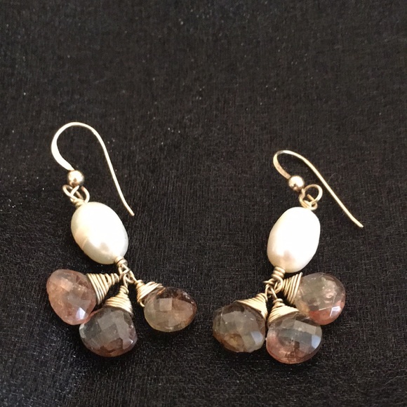 Smoky Quartz faceted gem pearl gold drop earrings - Picture 1 of 1